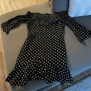 Topshop Petite Black with White Polka Dots Off Shoulder Dress in US 2 / UK 6
